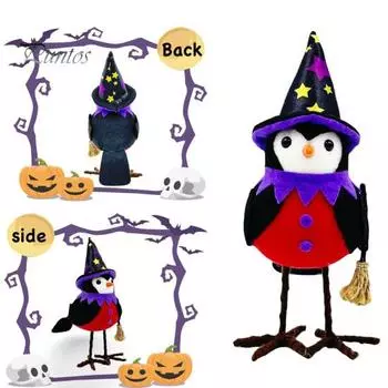 Украшения в виде птиц на Хэллоуин, стоящая кукла-птица в шляпе ведьмы, плюшевые настольные украшения в виде птиц для украшения полки, камина, подарок на Хэллоуин A