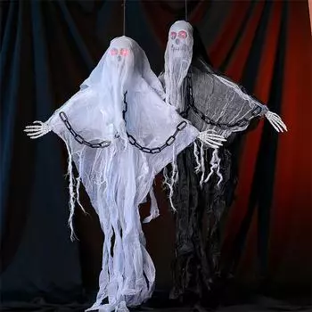 Украшения в виде скелета на Хэллоуин, дверь-скелет ужасов, светящийся скелет с цепью и руками, подходит для дома с привидениями и вечеринки One Size чёрный