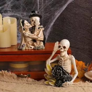 Украшения в виде скелета на Хэллоуин, статуэтка из мультфильма, миниатюрный скелет из смолы с цветочной гитарой, декор для домашнего офиса и стола D