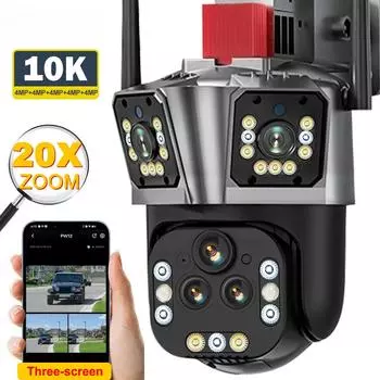 Ультра 10K 20MP Wi-Fi IP-камера 20-кратный зум Четыре объектива Три экрана PTZ-камеры Наружная камера слежения за людьми Камера видеонаблюдения CCTV Security Camera