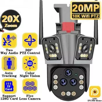 Ультра 20MP 10K WIFI камера наблюдения уличная камера с пятью объективами PTZ 20X PTZ зум умный дом беспроводная камера видеонаблюдения с отслеживанием человека