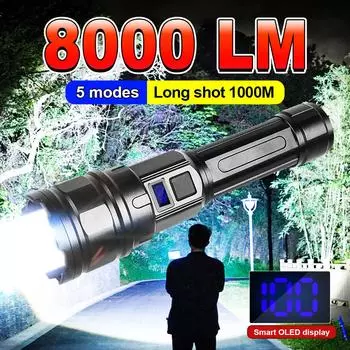 Ультра мощный фонарик с зумом, фонарик дальнего действия, мощные светодиодные фонарики, перезаряжаемый сильный тактический фонарь Without battery чёрный