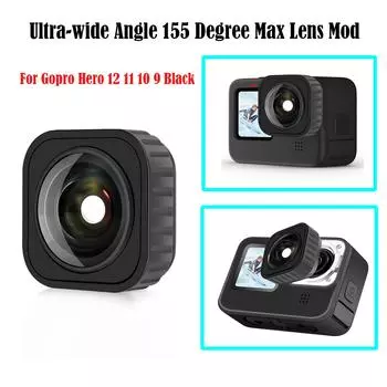 Ультра-широкоугольный 155-градусный Max Lens Mod для GoPro HERO 12 11 10 9 черный, Max Lens Mod максимизирует стабилизацию 2.7K60 для Gopro 12