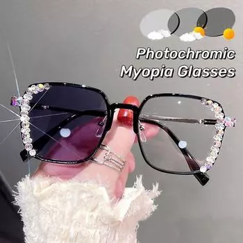 Ультралегкая оправа, высококачественные очки, меняющие цвет, блестящие бриллиантовые фотохромные очки для близорукости, большая оправа, анти-синий свет 0