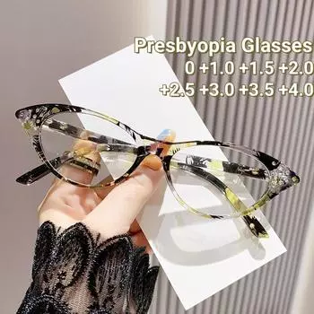 Ультралегкие очки для пресбиопии «кошачий глаз», очки для чтения с бриллиантовыми вставками, анти-синий свет, дальнозоркость, от 0 до +4,0 0 чёрный