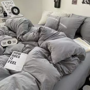 Ультрамягкий однотонный стираный хлопковый комплект из 4 предметов постельного белья для двухуровневого студенческого общежития, простыня из 3 предметов, пододеяльник, постельное белье A1.2M