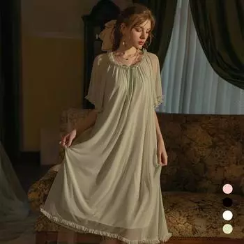 Ультратонкая кружевная сетчатая ночная рубашка - стиль феи, рукав средней длины, свободный крой, большой размер, сексуальная летняя пижама для беременных женщин M (recommended 80-110 jin)