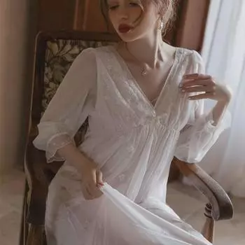 Ультратонкая сетчатая двухслойная ночная рубашка с длинными рукавами из вискозы для женщин L (For 100-120 jin)