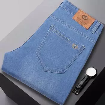 Ультратонкие джинсы Ice Silk, мужские летние свободные брюки для мужчин среднего возраста, деловые брюки для мужчин, эластичные брюки для отдыха, мужские модели 28