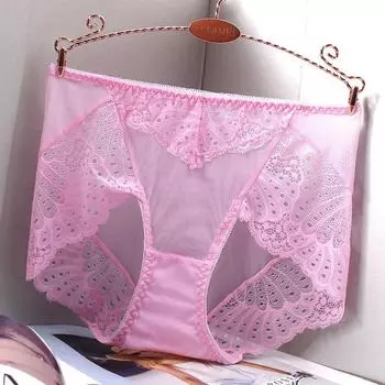 Ультратонкие кружевные трусики со средней посадкой: Дышащий, бесшовный, хлопковый промежностный шов, приподнимающий бедра, большой размер L розовый