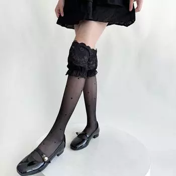 Ультратонкие произвольно вырезанные молочно-белые высокие носки в горошек, кружевные носки с оборками, высокие носки до бедра One Size