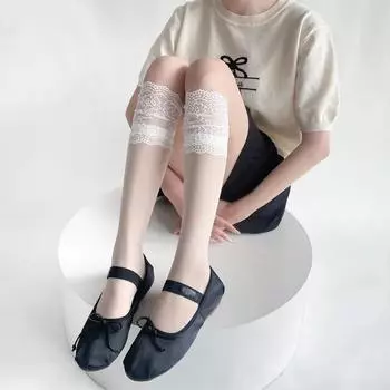 Ультратонкие прозрачные длинные носки, чулки женские JK Lolita Sweet Girls Ruffle Socks сексуальные кружевные сетчатые чулки, гольфы чёрный