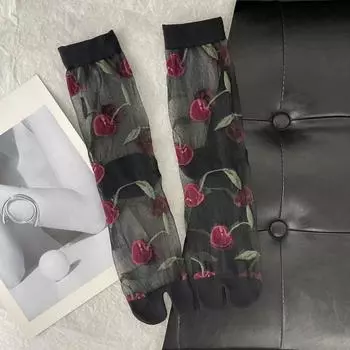 Ультратонкие Прозрачные Женские Носки с Раздельным Пальцем Красный Вишневый Узор Летние Кристальный Шелк Ажурные Прозрачные Двупалые Японские Носки Таби Size 35-40