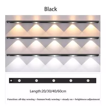 Ультратонкий датчик движения, перезаряжаемый подсветка под шкафом, USB светодиодная лампа для кухни, шкафа, спальни, гардероба, внутренняя световая полоса 20cm чёрный