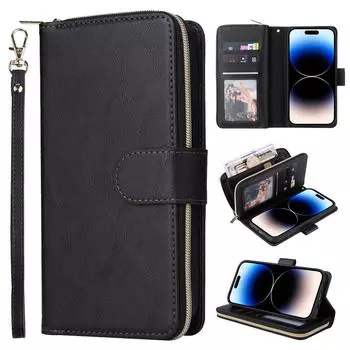 Ультратонкий двухслойный чехол-кошелек с отделениями для карт для iPhone 15 14 13 12 11 XR Samsung S24 S23 S22 S21 A13 A14 A15 A35 A55 A54 Redmi кожаный откидной чехол Samsung A55 чёрный