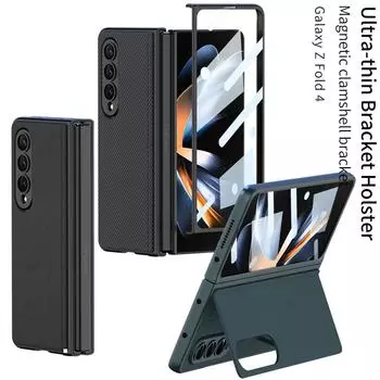 Ультратонкий кожаный чехол с кронштейном для Samsung Galaxy Z Fold 4 Fold4 с закаленной пленкой Hd, магнитная защитная крышка с откидной подставкой For Samsung Z Fold 4 чёрный