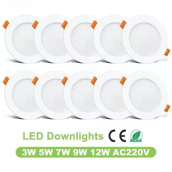 Ультратонкий круглый белый SMD 2835 светодиодный встраиваемый светильник 3 Вт 5 Вт 7 Вт 9 Вт 12 Вт без драйвера AC220V потолочный точечный светильник для внутреннего освещения 9W 220V&Warm White