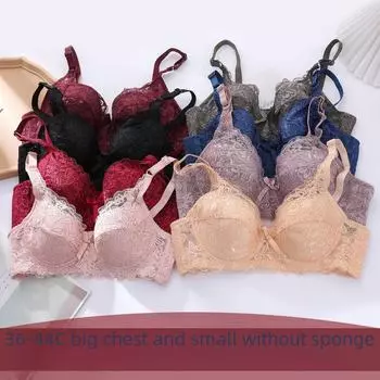 Ультратонкий кружевной бюстгальтер: Сексуальный, Большой размер, Без губки, Присборенный крой 80C