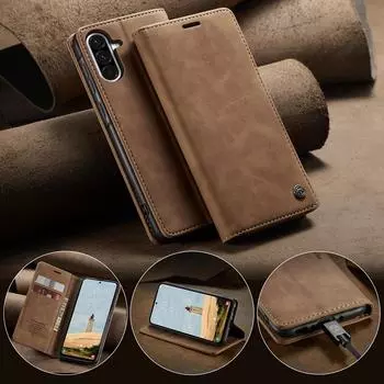 Ультратонкий прочный магнитный чехол из матовой кожи для телефона Samsung S25 S24 S23 A56 iPhone 16 15 14 13 Google Pixel 9 8 7 держатель для карт и подставка флип-чехол Samsung A06 чёрный