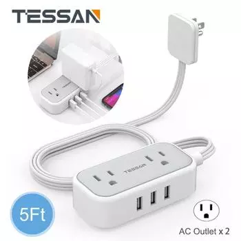 Ультратонкий удлинитель с плоской вилкой TESSAN, 2 розетками переменного тока и 3 портами USB, небольшой плоский удлинитель длиной 5 футов для домашнего офиса в поездках