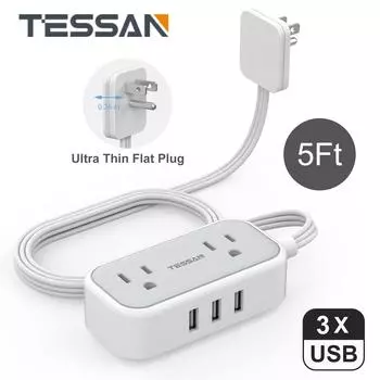 Ультратонкий удлинитель TESSAN с 2 розетками переменного тока и 3 портами USB, мини-удлинитель с плоской вилкой и удлинителем длиной 1,5 м/5 футов для дома