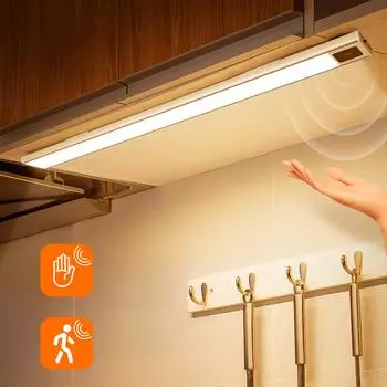 Ультратонкий USB-светодиодный светильник для шкафа, ручная развертка/PIR-датчик движения, светодиодный перезаряжаемый алюминиевый кухонный светильник, портативное ночное освещение 20cm