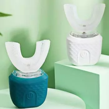 Ультразвуковая электрическая зубная щетка для взрослых, перезаряжаемая, вращающаяся на 360 градусов, автоматическая, U-образная, отбеливающая, с синим светом, IPX7 зелёный