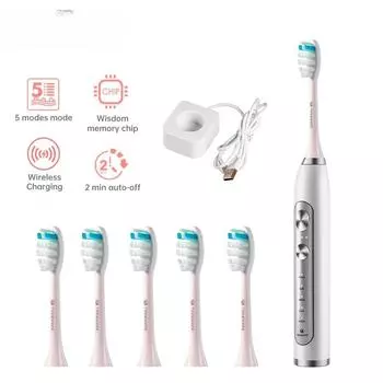 Ультразвуковая электрическая зубная щетка с беспроводной зарядкой IPX7, водонепроницаемые сменные насадки, таймер для отбеливания зубов, умная щетка