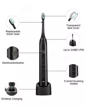 Ультразвуковая зубная щетка электрическая S100 IPX7 Waterpro перезаряжаемая звуковая детская зубная щетка USB дорожный чехол Szczoteczka чёрный