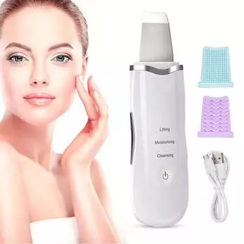 Ультразвуковой скруббер для кожи Очищающее средство Машина для глубокой очистки лица USB-зарядка Инструменты для ухода Косметическое устройство Вибрационный пилинг Скрабы Лифтинг лица Уход за кожей белый