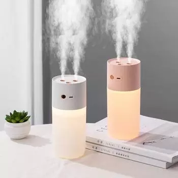 Ультразвуковой увлажнитель воздуха с двойной насадкой, 400 мл, зарядка от USB, диффузор для ароматерапии с теплой лампой, домашний беспроводной увлажнитель Pink