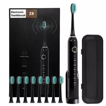 Ультразвуковые электрические зубные щетки 3 передачи 6 режимов USB зарядное устройство 8 насадок дорожный футляр чёрный