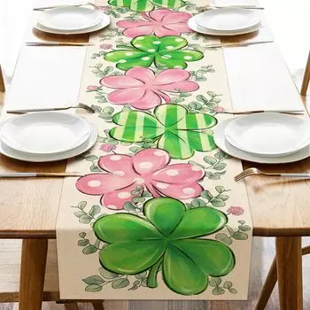 улица. День Святого Патрика Клевер Льняная дорожка для стола Ирландский розовый клевер Листья эвкалипта Горошек Дорожки для стола Декор для обеденного стола 150x33cm 59x13inch