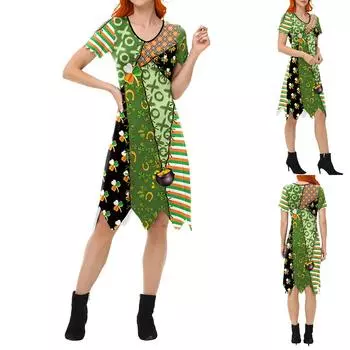 улица. Наряд на День Святого Патрика, платье-халат с V-образным вырезом, принт с листьями, ирландское праздничное платье L зелёный