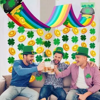 улица. Потолочные украшения в виде радуги на День Святого Патрика, длинный радужный подвесной баннер с нитью, гирлянда из золотых монет-трилистников Sets