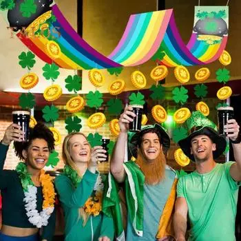 улица. Потолочные украшения в виде радуги на День Святого Патрика, длинный радужный подвесной баннер с нитью, золотая монета-трилистник, потолочная гирлянда для ирландцев Sets