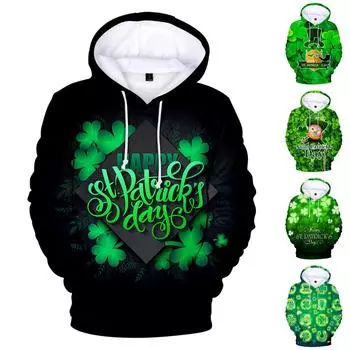 улица. Свитер с капюшоном и длинными рукавами с принтом ко Дню Святого Патрика для мужчин и женщин весной и осенью L