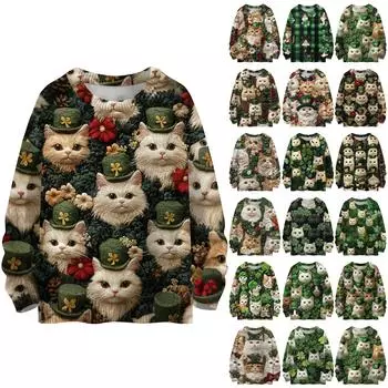 улица. Свитшоты ко Дню Святого Патрика для женщин Вязаный свитер Милая рубашка Осенний круглый вырез Пуловер с меховым воротником Топы XXXL
