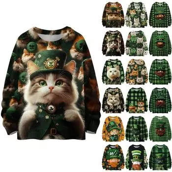 улица. Свитшоты ко Дню Святого Патрика для женщин Вязаный свитер Милая рубашка Осенний круглый вырез Пуловер с меховым воротником Топы L армия зеленый