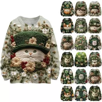 улица. Свитшоты ко Дню Святого Патрика для женщин Вязаный свитер Милая рубашка Осенний круглый вырез Пуловер с меховым воротником Топы L армия зеленый