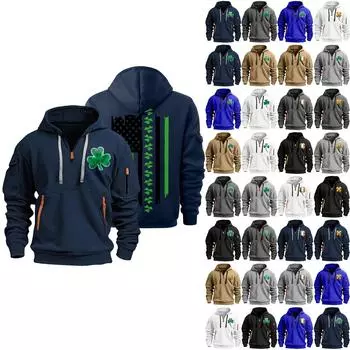 улица. Толстовка с капюшоном Patrick s Green Flag Print для мужчин, пуловер на молнии для мужчин, спортивная повседневная толстовка больших размеров XXL синий