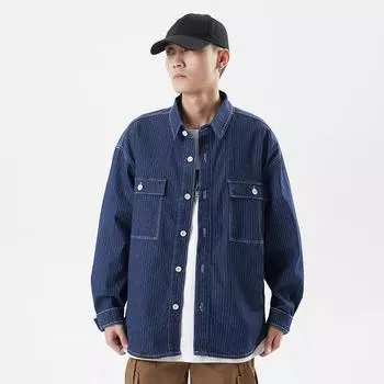 Уличная американская повседневная куртка мужская универсальная свободная джинсовая куртка большого размера куртка-рубашка тренд S синий