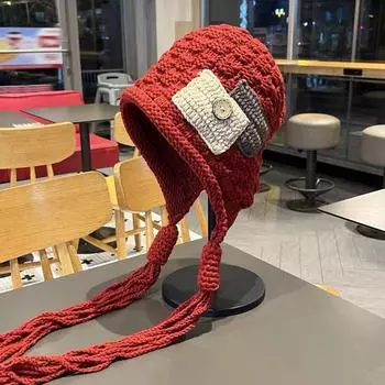 Уличная этническая шерстяная шапка осень и зима универсальная милая теплая защитная вязаная шапка ретро с бахромой женская шапка-пуловер M56-58cm чёрный