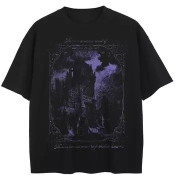 Уличная черная футболка с изображением замка, хлопковые топы унисекс, футболки, летняя футболка с короткими рукавами M чёрный