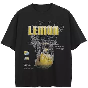 Уличная черная футболка с лимонным рисунком, хлопковые топы унисекс, футболки, летняя футболка с короткими рукавами M чёрный