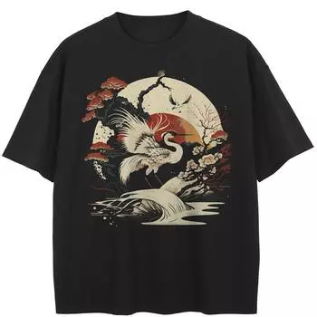 Уличная черная футболка с японским журавлем, хлопковые топы унисекс, футболки, летняя футболка с короткими рукавами M чёрный
