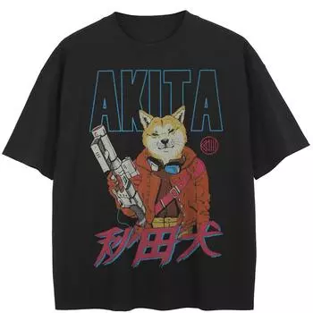 Уличная черная футболка с рисунком Akita, хлопковые топы унисекс, футболки, летняя футболка с короткими рукавами M чёрный