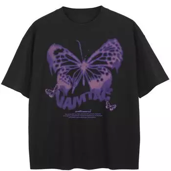 Уличная черная футболка с рисунком бабочки, хлопковые топы унисекс, футболки, летняя футболка с короткими рукавами M чёрный