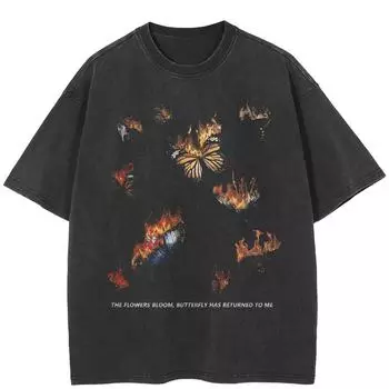 Уличная черная футболка с рисунком бабочки, хлопковые топы унисекс, футболки, летняя футболка с короткими рукавами M чёрный