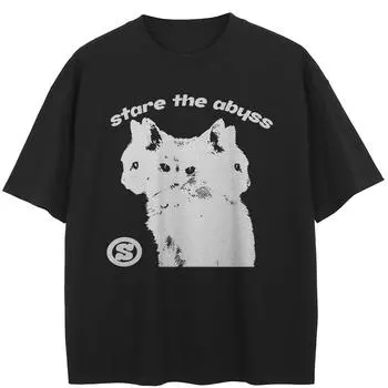 Уличная черная футболка с рисунком кошек, хлопковые топы унисекс, футболки, летняя футболка с короткими рукавами M чёрный